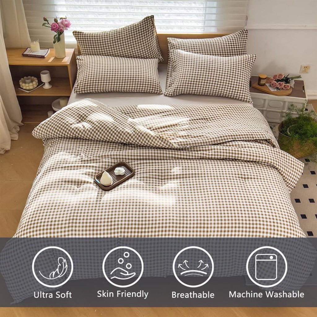 Luxurious Quilted Tan Gingham Queen Comforter Set, Taupe Plaid Bedding Set, Checked Bed Comforter 3 Pieces(Tan Gingham, Queen) - Cloud-Like Soft Lightweight Bed Comforter Detail