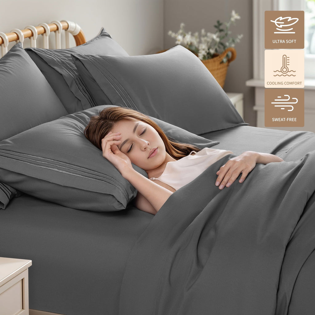 Ultra-Soft 6 Pieces Bed Sheet Set, 1800 Series Soft Microfiber Queen Sheets with 16" Deep Pocket, Dark Gray - Luxury Bed Sheet Set with Deep Pockets Detail
