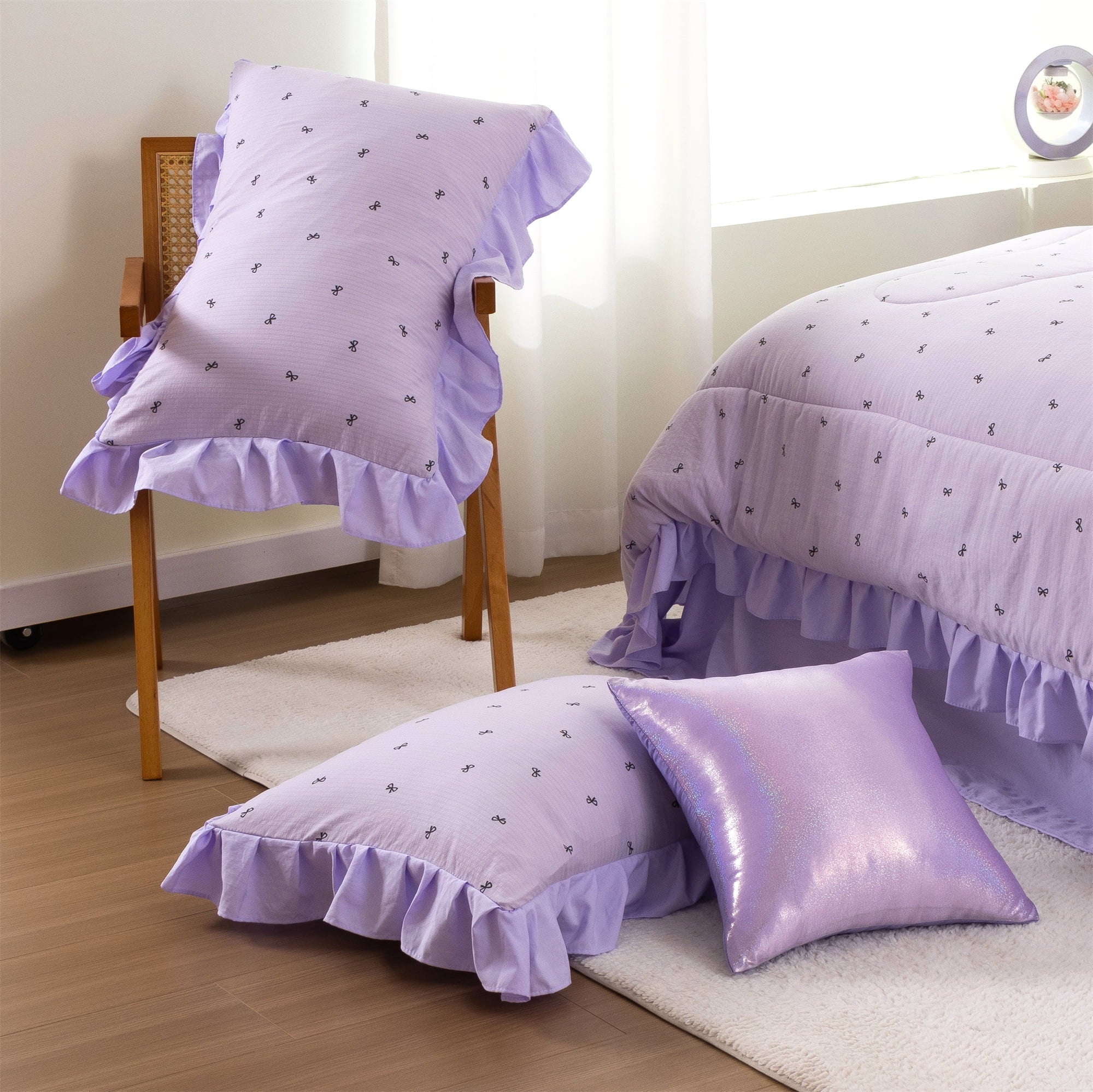 All-Season 6 Piece Delicate Bows Purple Bedding Set Ruffle Princess Style Comforter Set Bed in a Bag - All-Season Down Alternative Comforter Insert Detail