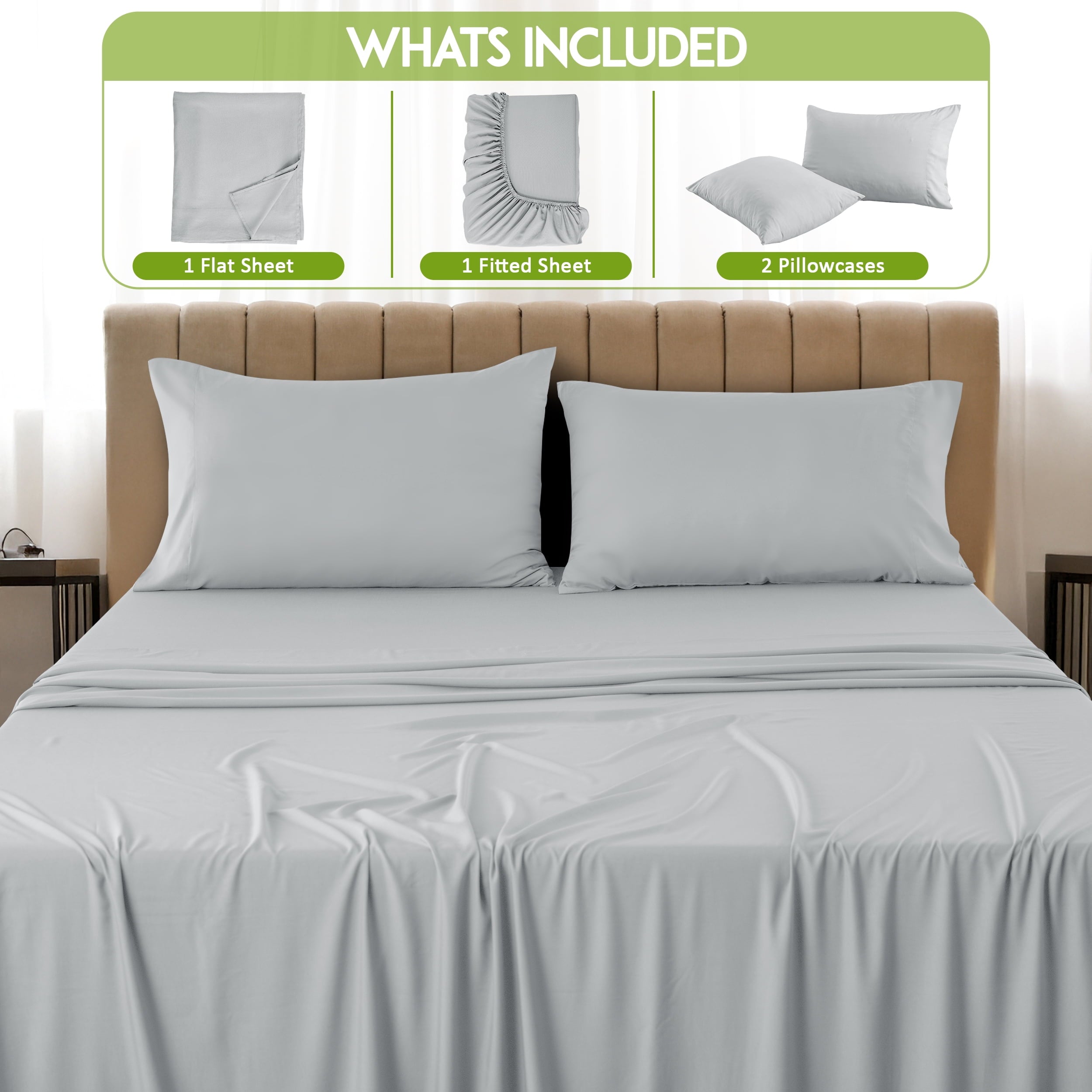 Ultra-Soft Rayon - 4 Piece Cooling Bed Sheets Set, Gray - Cooling Hotel Quality Bedding Sheets and Pillowcases Detail