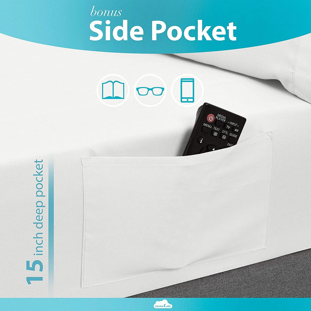 Cooling Sateen Bed Sheets Set - Queen Size Sheet with Side Pocket - 4pcs Set, 15 inches, White - Luxury Bed Sheet Set with Deep Pockets Detail