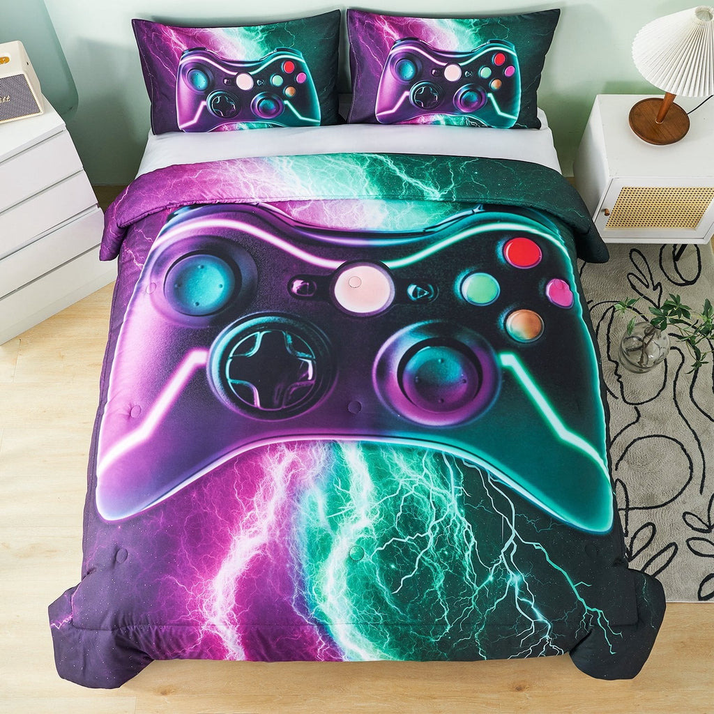 All-Season Queen Size Gaming Comforter Set for Boys,3-Piece 3D Green Purple Lightning Game Controller Bedding Set for Kids Teens - Hypoallergenic Ultra-Fluffy Quilt for Winter Detail