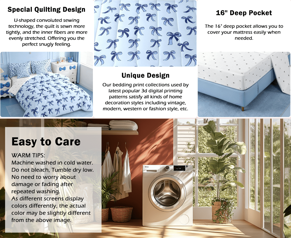 Luxurious Quilted Cute Bowknot Twin Bedding Sets 7-Piece,Girls Ribbon Bow Bedding Comforter Set,Dreamy Blue Sheet Sets For Girls,Super ... - All-Season Down Alternative Comforter Insert Detail
