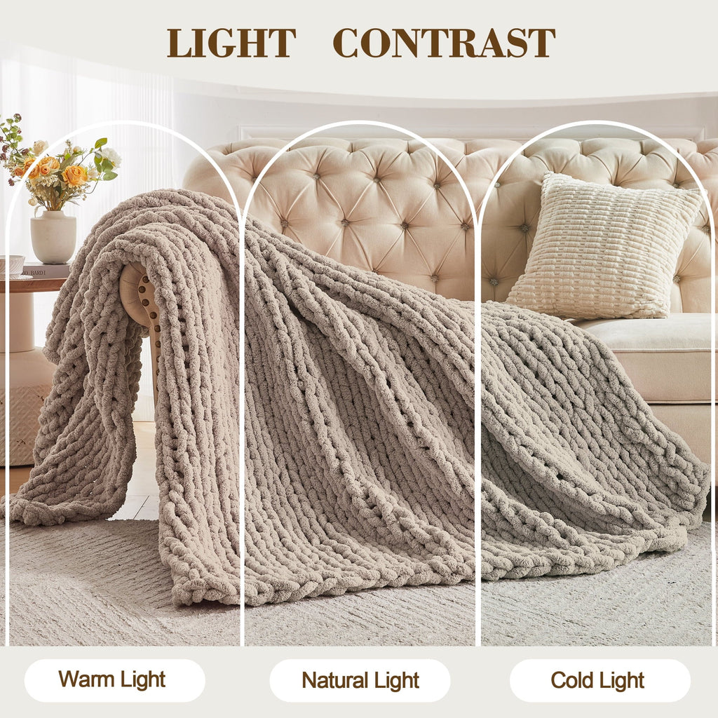 Super Soft Flannel Chunky Knit Throw Blanket Handmade Soft Throws for Couch Sofa Bed, 50" x 60" Taupe - Lightweight Plush Warm Blanket for All Seasons Detail