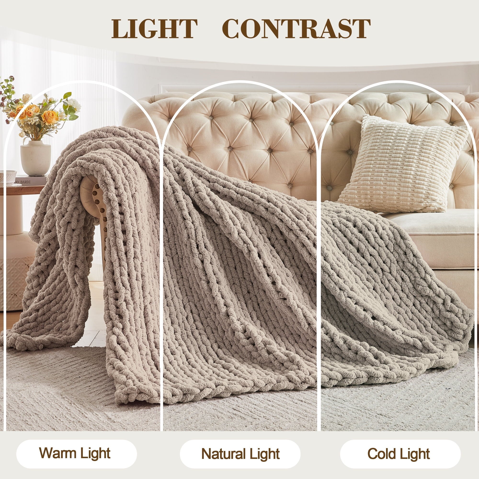 Super Soft Flannel Chunky Knit Throw Blanket Handmade Soft Throws for Couch Sofa Bed, 50" x 60" Taupe - Lightweight Plush Warm Blanket for All Seasons Detail