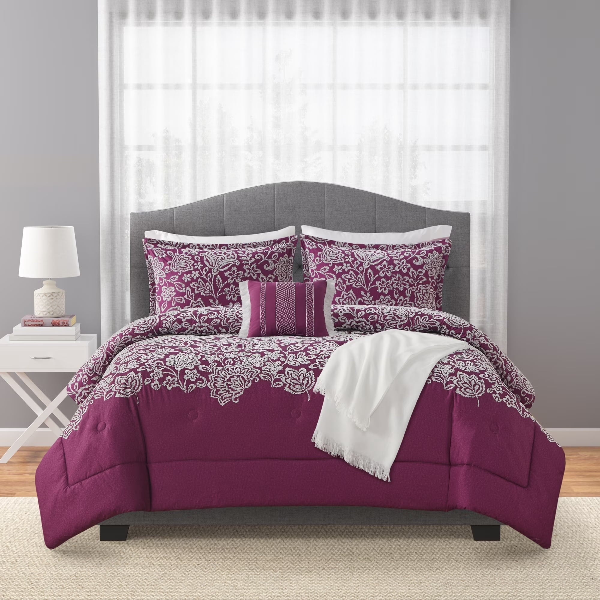 Hypoallergenic Cloud 5-Piece Jacquard Comforter Set with Decor Pillow and Throw Purple Flocking Embroidery Bedding Set, Full/Queen - Hypoallergenic Ultra-Fluffy Quilt for Winter Detail