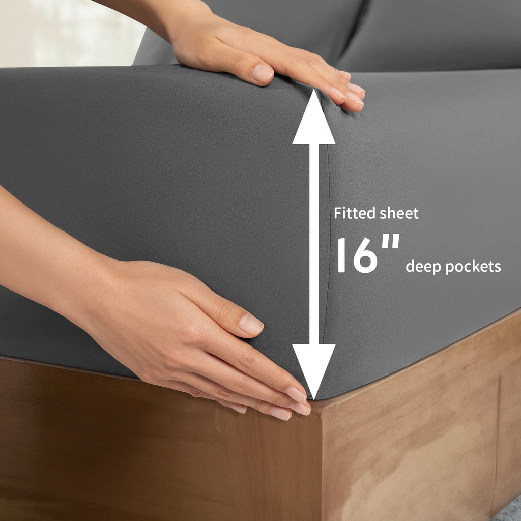 Ultra-Soft 6 Pieces Bed Sheet Set, 1800 Series Soft Microfiber Queen Sheets with 16" Deep Pocket, Dark Gray - Luxury Bed Sheet Set with Deep Pockets Detail