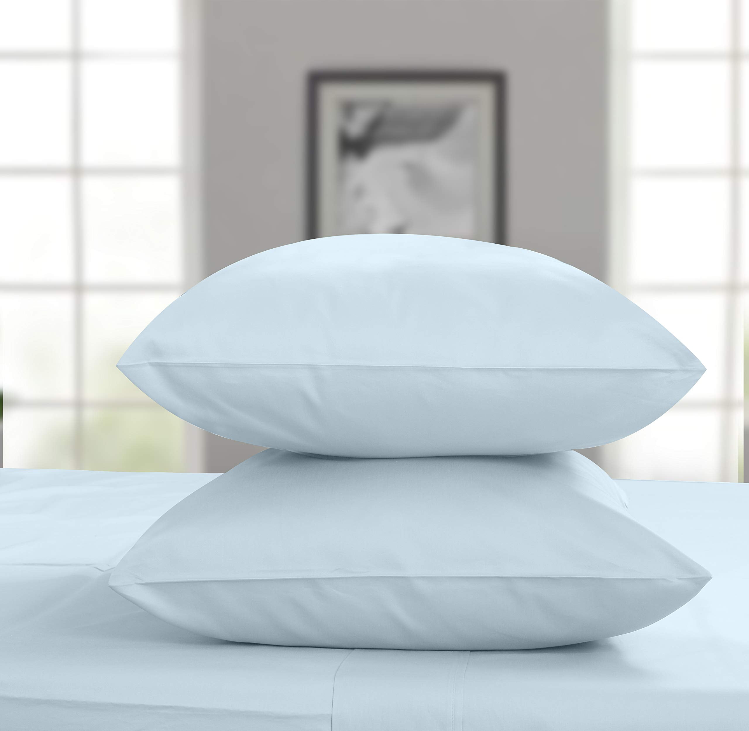 Cooling Sateen 100% Cotton King Bed Sheets Set - 4-Piece, 300 Thread Count, Lightweight Sateen, Light Blue - Breathable Egyptian Cotton Flat & Fitted Sheets Detail