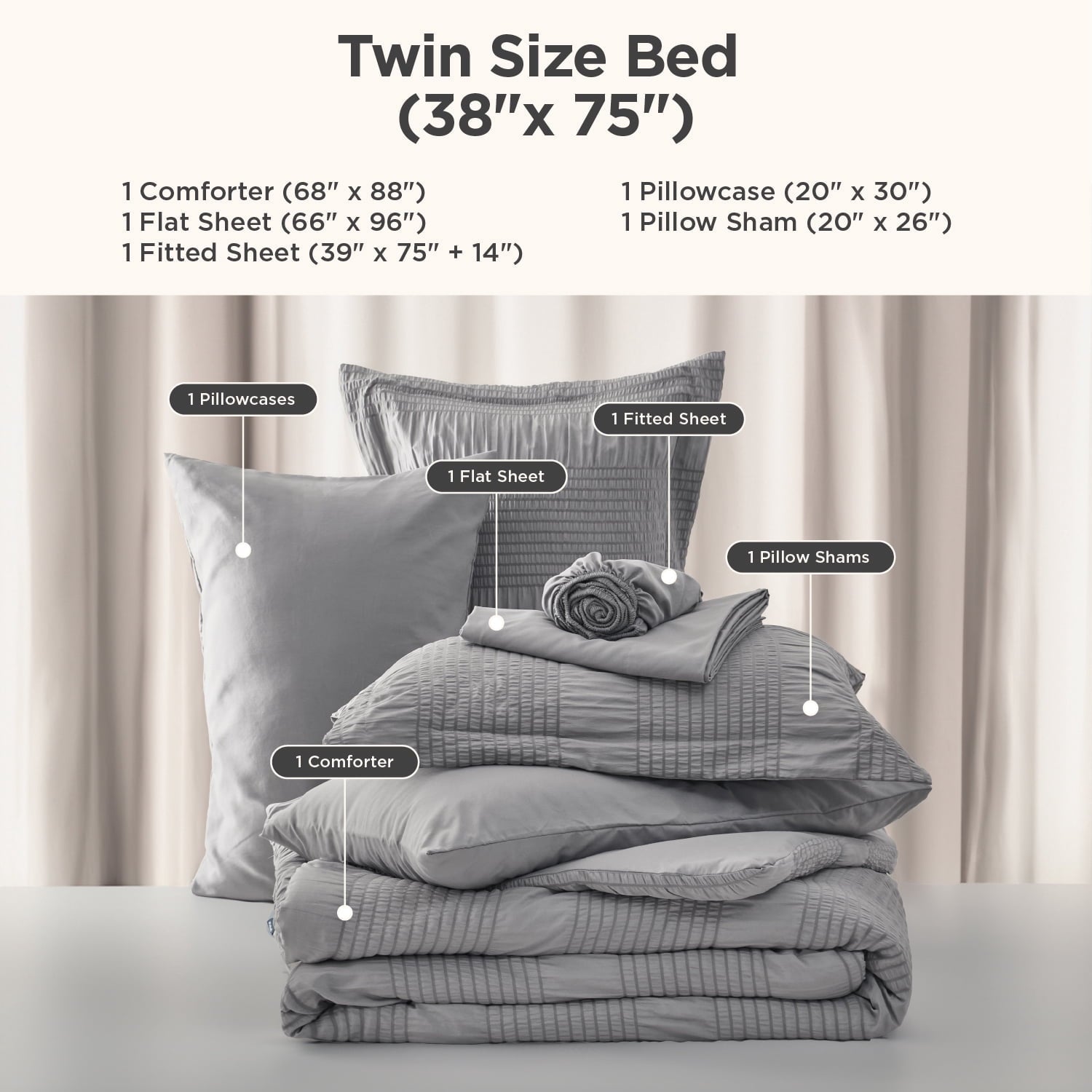 All-Season Twin Comforter Sets 5 Pieces Stripes Seersucker Bedding Set, Bed in a Bag with Soft Comforter & Sheets, Pillowcase & ... - Cloud-Like Soft Lightweight Bed Comforter Detail