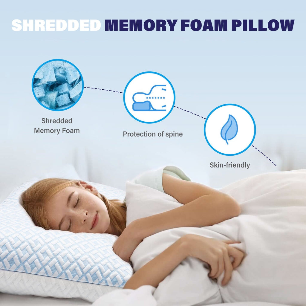 Fluffy Shredded Cooling Bed Pillows for Sleeping Shredded Memory Foam Pillows Queen Size Set of 2 Pack - Hotel Quality Plush Sleeping Pillows Detail