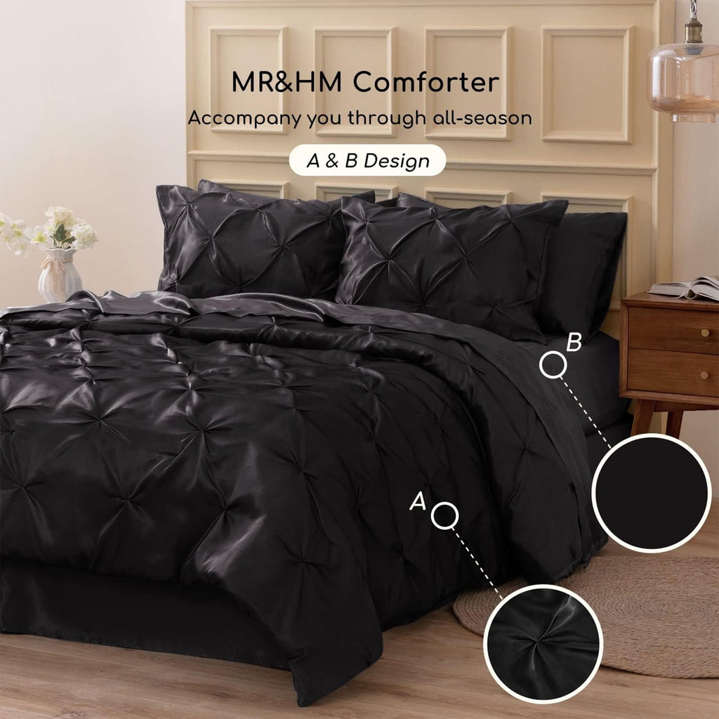 All-Season Satin Comforter Set 7 Pieces Queen Size - Luxurious Pinch Pleat Bed in a Bag with Satin Comforter, Satin Sheets, Sati... - Hypoallergenic Ultra-Fluffy Quilt for Winter Detail