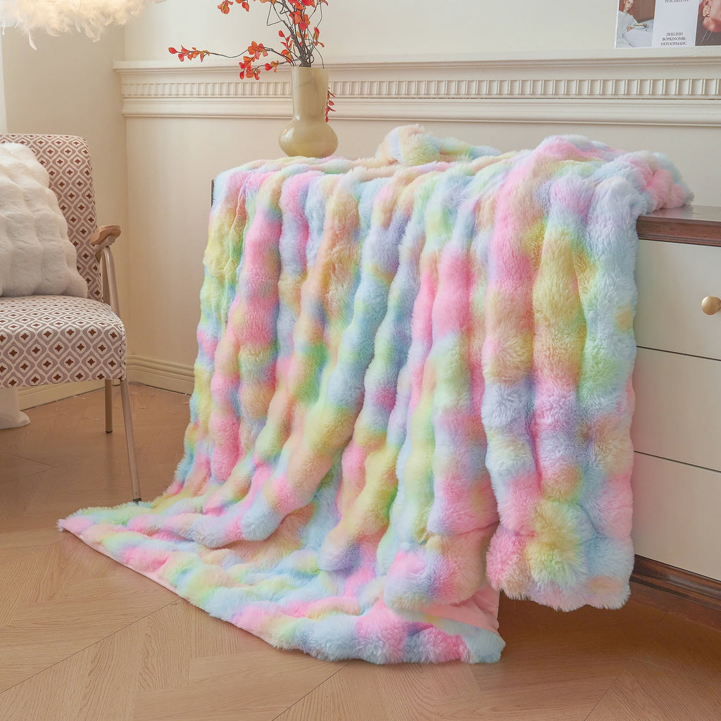 Cozy Fleece Fluffy Faux Rabbit Fur Bubble Throw, Rainbow Plush Shaggy Blanket for Couch Sofa Chair, Soft Tie Dye Furry Blanket Ad... - Lightweight Plush Warm Blanket for All Seasons Detail