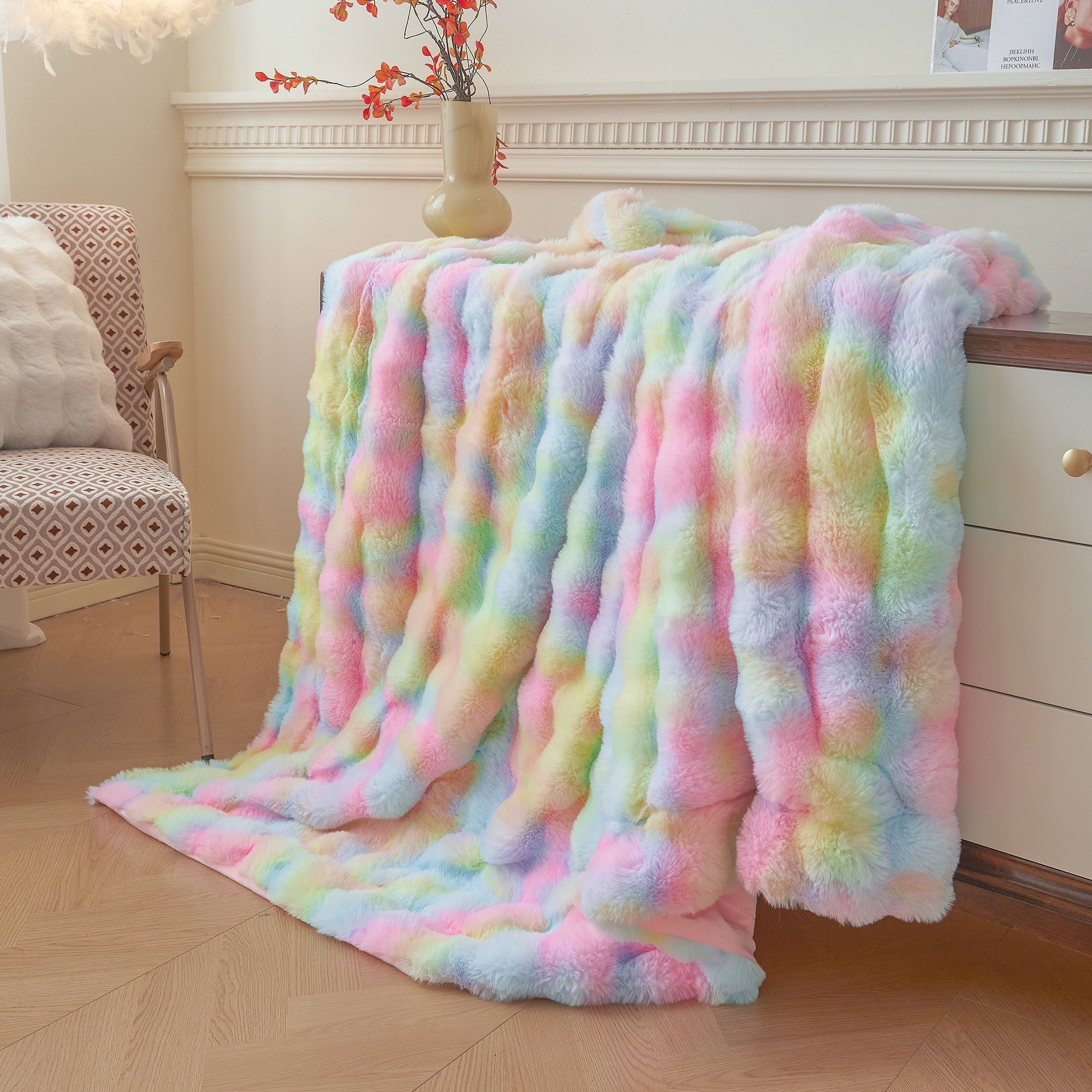 Cozy Fleece Fluffy Faux Rabbit Fur Bubble Throw, Rainbow Plush Shaggy Blanket for Couch Sofa Chair, Soft Tie Dye Furry Blanket Ad... - Lightweight Plush Warm Blanket for All Seasons Detail