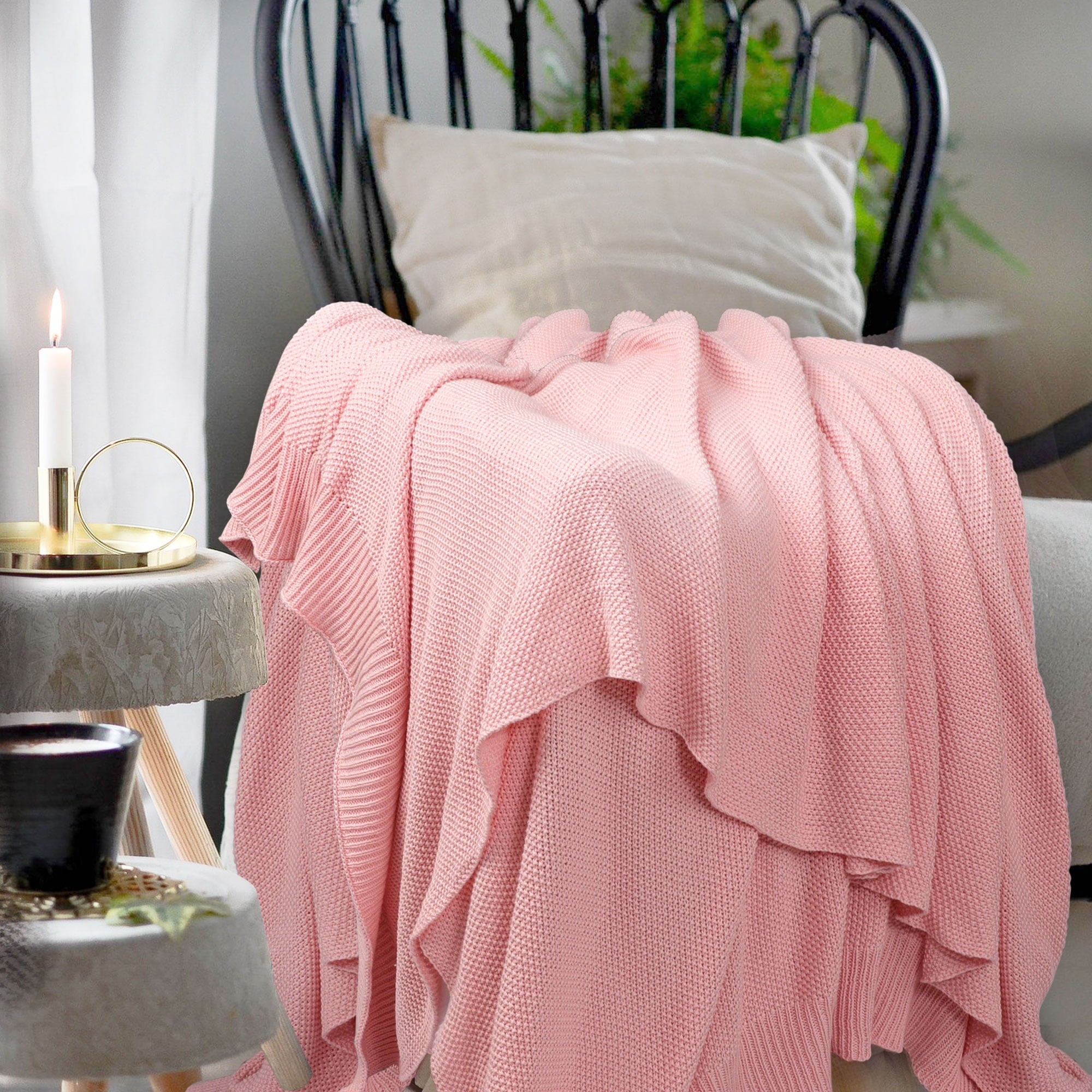 Decorative Knitted Pure Cotton Soft Cable Knit Throw Blanket Pink 50" x 70" - Luxury Knitted Decorative Throw Blanket with Fringes Detail
