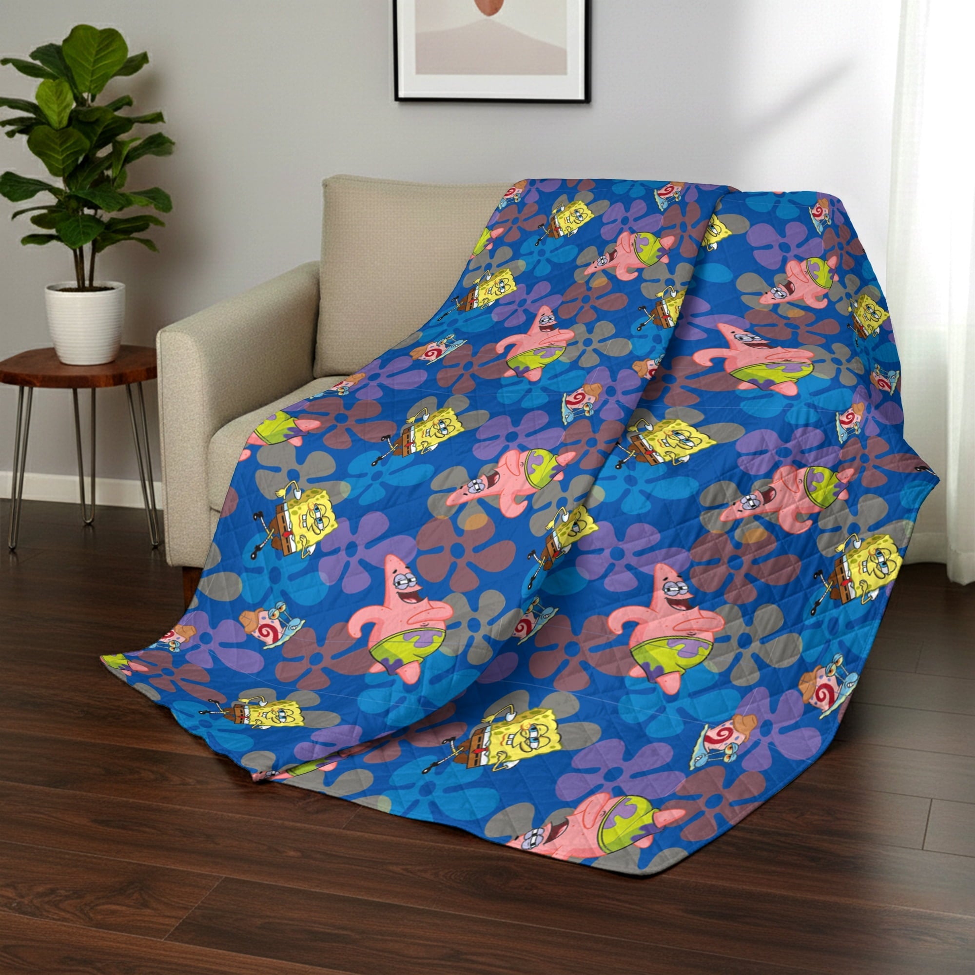 Super Soft Flannel Spongebob Tropical Waltz Quilted Throw Blanket 60x80 inches, Kids Character Bedding - Cozy Fleece Throw Blanket for Couch & Bed Detail