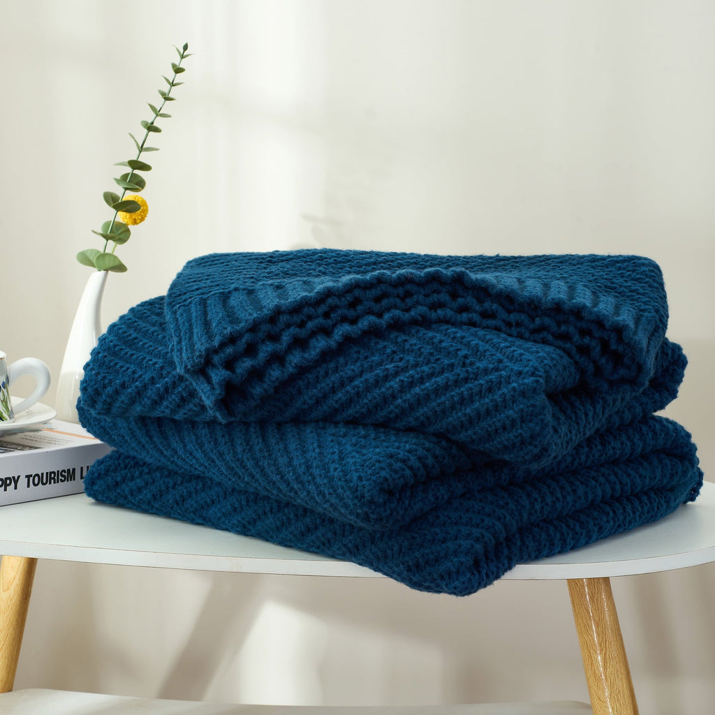Super Soft Flannel Soft Knitted Throw Blanket 50" x 60" Navy Blue, Boho Chevron Farmhouse Throw for Bed Couch - Luxury Knitted Decorative Throw Blanket with Fringes Detail