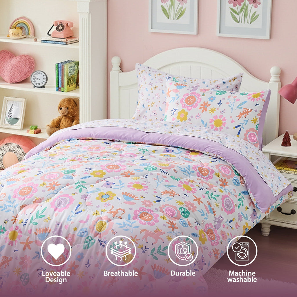 Luxurious Quilted Floral Comforter Set, Soft Microfiber Flower Bedding Set, 5 Pieces with Comforter, Sheets and Pillowcases, Twin - Luxurious Quilted Duvet Cover Set Detail