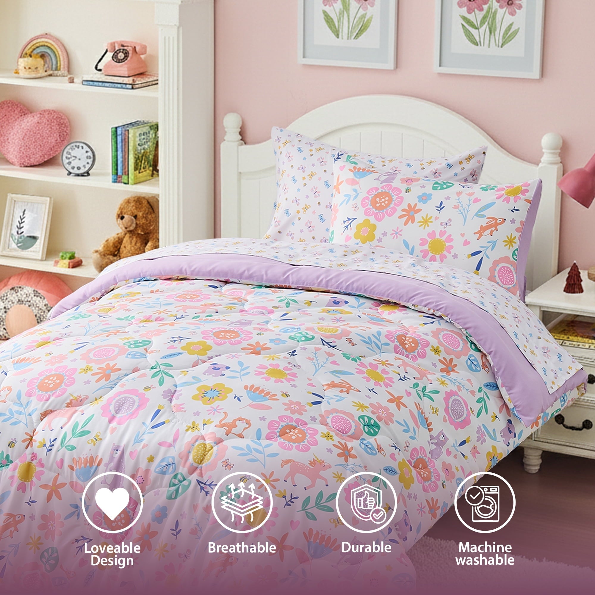 Luxurious Quilted Floral Comforter Set, Soft Microfiber Flower Bedding Set, 5 Pieces with Comforter, Sheets and Pillowcases, Twin - Luxurious Quilted Duvet Cover Set Detail