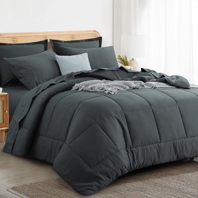 All-Season 7 Pieces Comforter Set with Sheets - Bed in a Bag with Comforter and All Season Sheets, Pillowcases,Dark Gray,Queen - Hypoallergenic Ultra-Fluffy Quilt for Winter Detail
