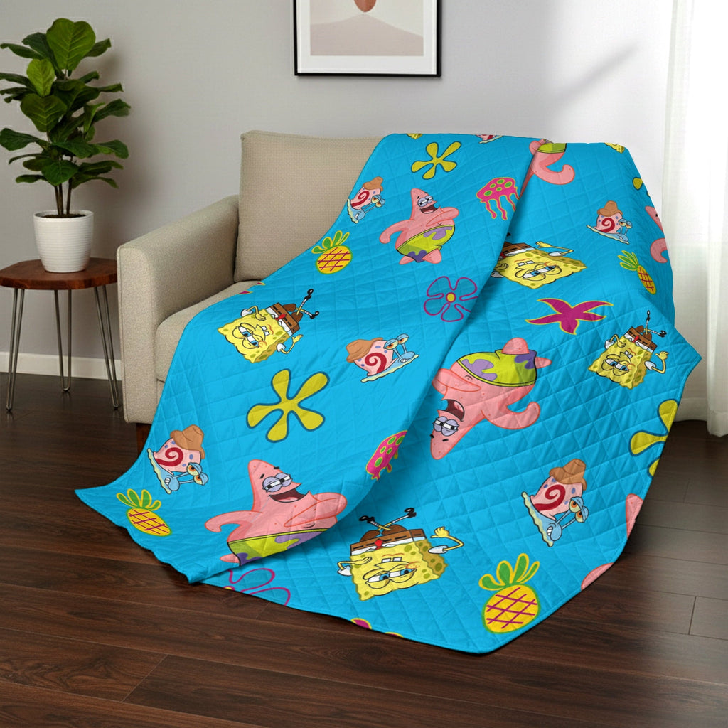 Super Soft Flannel Spongebob Tropical Waltz Quilted Throw Blanket 60x80 inches, Kids Character Bedding - Cozy Fleece Throw Blanket for Couch & Bed Detail