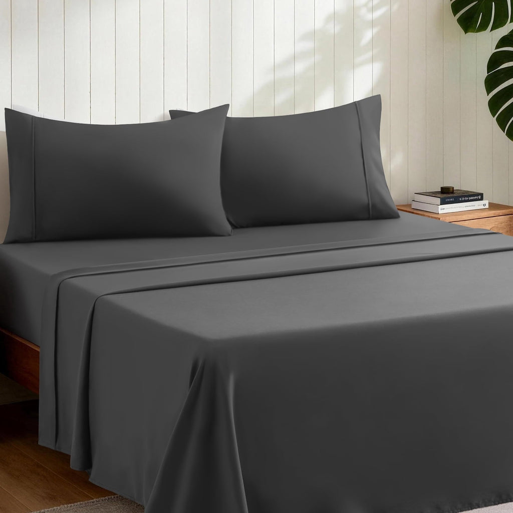 Premium Egyptian Cotton Sheets,Soft Hotel Luxury Polyester Washed Cotton,4 Piece Sheets Set,with 14" Deep Pocket,Dark Gray - Cooling Hotel Quality Bedding Sheets and Pillowcases Detail