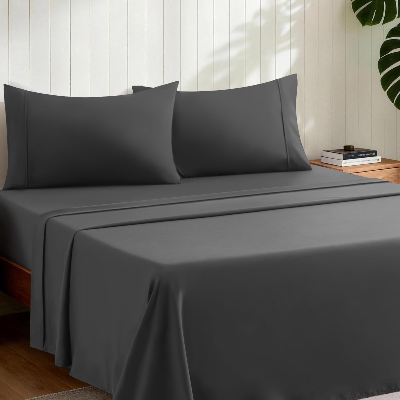 Premium Egyptian Cotton Sheets,Soft Hotel Luxury Polyester Washed Cotton,4 Piece Sheets Set,with 14" Deep Pocket,Dark Gray - Cooling Hotel Quality Bedding Sheets and Pillowcases Detail