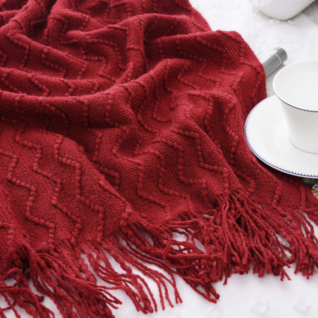 Super Soft Flannel Dark Red Blanket for Couch,Burgundy Knit Throw Blanket for Bedroom,Christmas Throw,50"x60" - Luxury Knitted Decorative Throw Blanket with Fringes Detail