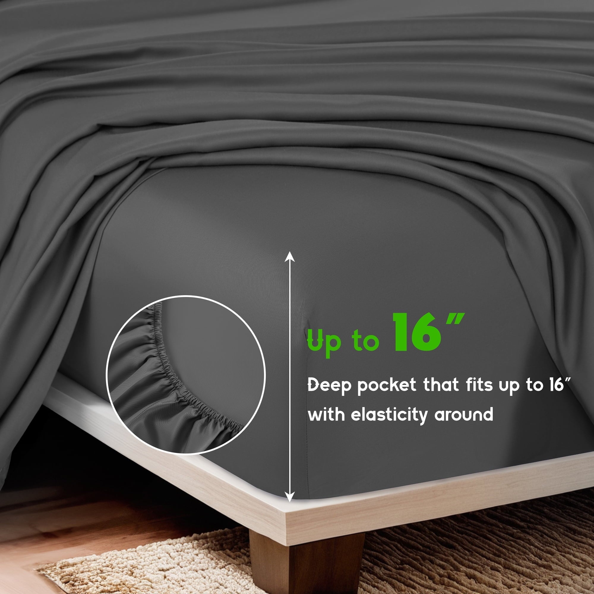Cooling Sateen Luxury Bamboo Bed Sheet Set - Deep Pockets - 4 Piece, Queen, Dark Gray - Premium Ultra-Soft Pillowcase Pair for Sleeping Detail