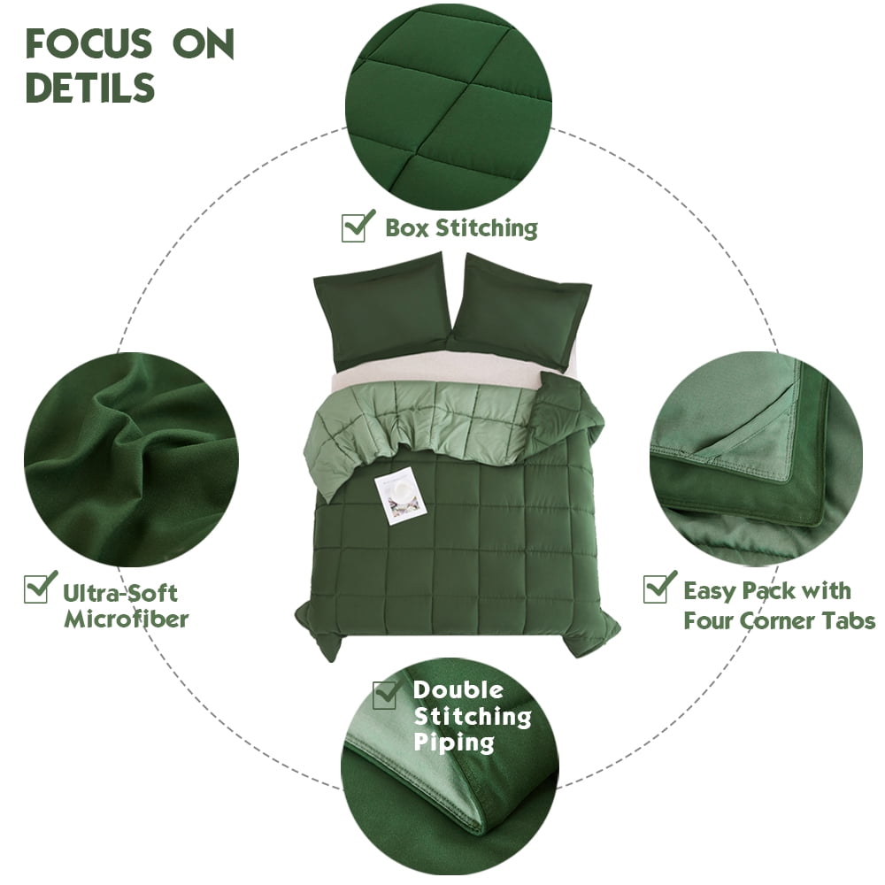 Luxurious Quilted Light Weight Down Alternative Comforter Set, Queen, Green, Reversible - Luxurious Quilted Duvet Cover Set Detail