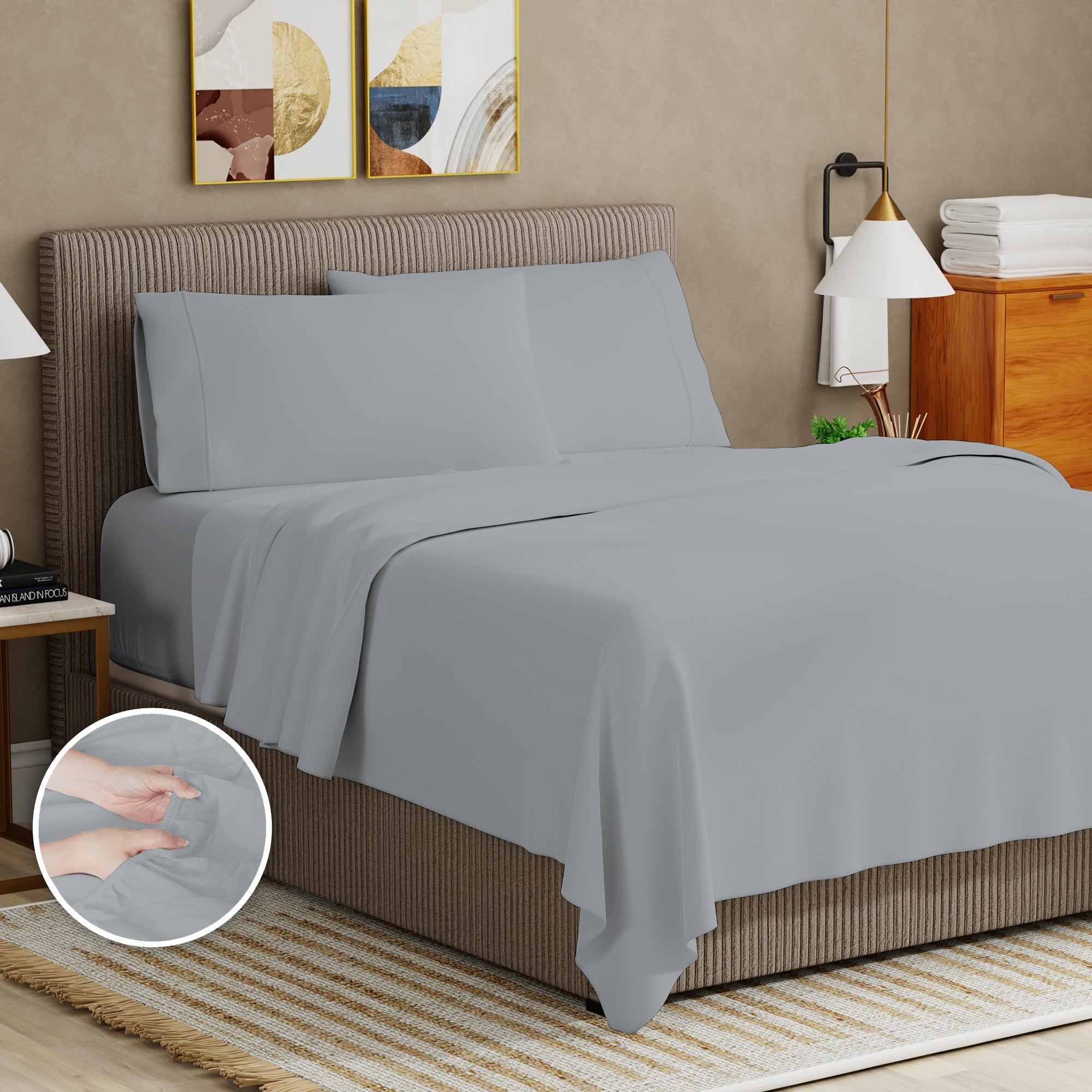 Wrinkle-Resistant Soft Finish Microfiber Percale Queen Bed Sheet Set – 4-Piece Lightweight, Wrinkle-Resistant, Quick-Dry, Light Gray - Luxury Bed Sheet Set with Deep Pockets Detail