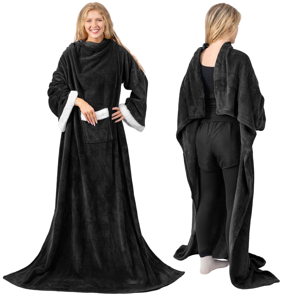 Decorative Knitted Fleece Blanket with Sleeves for Women Men Adults, Wearable Blanket Warm Soft Plush, Snuggle Pocket Sleeved TV Throw W... - Cozy Fleece Throw Blanket for Couch & Bed Detail
