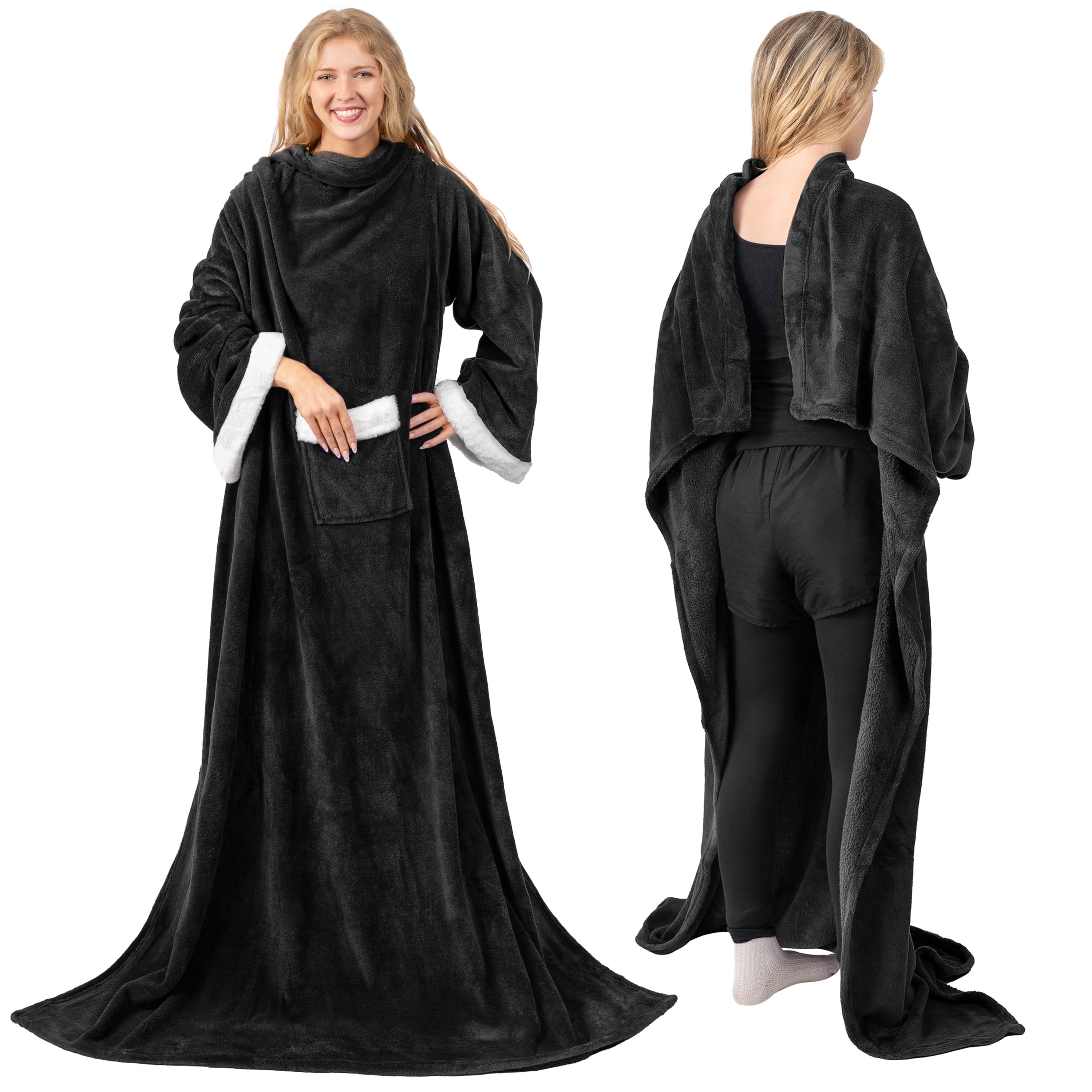 Decorative Knitted Fleece Blanket with Sleeves for Women Men Adults, Wearable Blanket Warm Soft Plush, Snuggle Pocket Sleeved TV Throw W... - Cozy Fleece Throw Blanket for Couch & Bed Detail