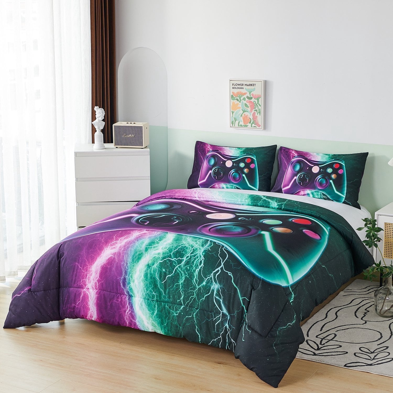 All-Season Queen Size Gaming Comforter Set for Boys,3-Piece 3D Green Purple Lightning Game Controller Bedding Set for Kids Teens - Hypoallergenic Ultra-Fluffy Quilt for Winter Detail