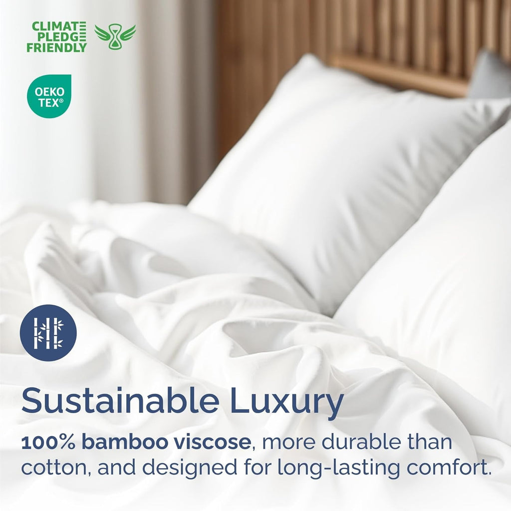 Cooling Sateen 4-Piece Luxury Bamboo Cooling Sheet Set - Queen Size 100% Bamboo Derived Rayon Premium Bed Sheets, White - Luxury Bed Sheet Set with Deep Pockets Detail