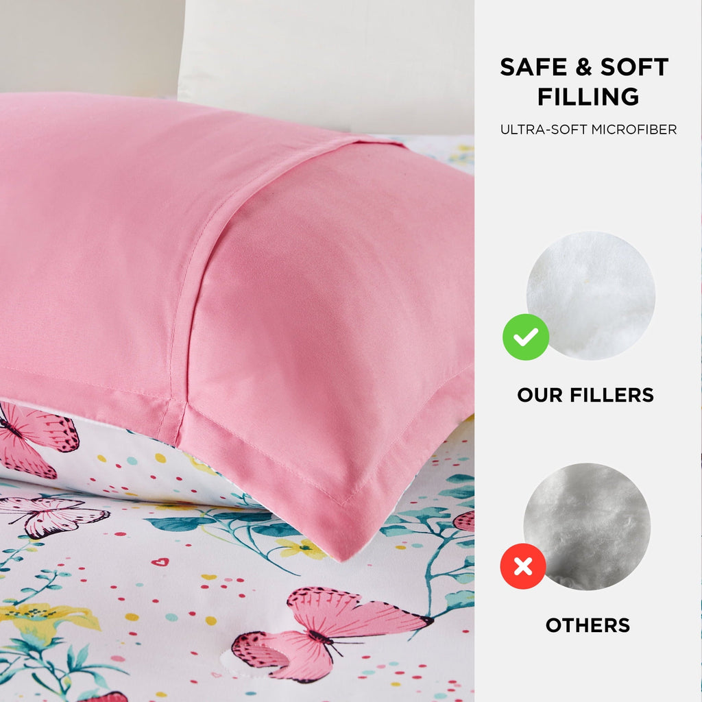 All-Season Full/Queen Size Comforter Sets, 4-Piece Kids Bedding Set for Girls, Butterfly Floral Comforter Bed Set, White/Pink - All-Season Down Alternative Comforter Insert Detail