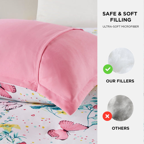 All-Season Full/Queen Size Comforter Sets, 4-Piece Kids Bedding Set for Girls, Butterfly Floral Comforter Bed Set, White/Pink - All-Season Down Alternative Comforter Insert Detail