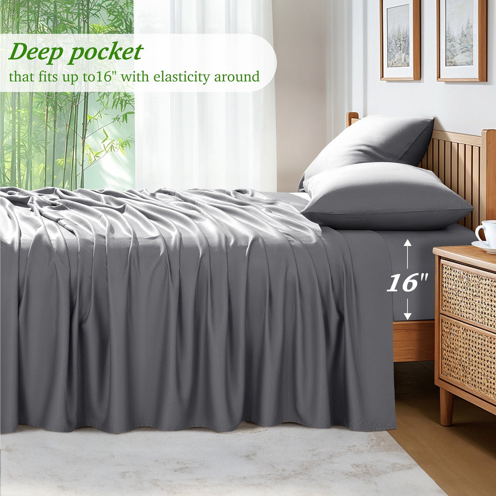 Premium Egyptian Cotton Bamboo Queen Sheet Set, Luxury Soft 4 Pieces Bed Sheets with 18" Deep Pocket, Gray - Luxury Bed Sheet Set with Deep Pockets Detail