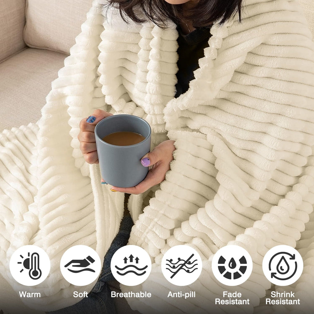 Decorative Knitted Throw Size Blanket, Extra Soft Lightweight Bed Blanket with Strip , Plush Fuzzy Cozy Throws for Couch, Bed, Sofa Cozy... - Super Soft Reversible Sherpa Flannel Blanket Detail