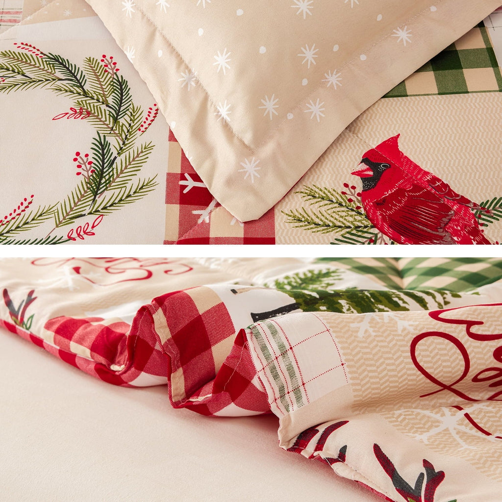 Hypoallergenic Cloud 3 Pcs Christmas Comforter Set, Bed in a Bag Wreath Snowman Queen/Full Size Xmas Bedding Set Fitted Pillowcases for Adult - Hypoallergenic Ultra-Fluffy Quilt for Winter Detail