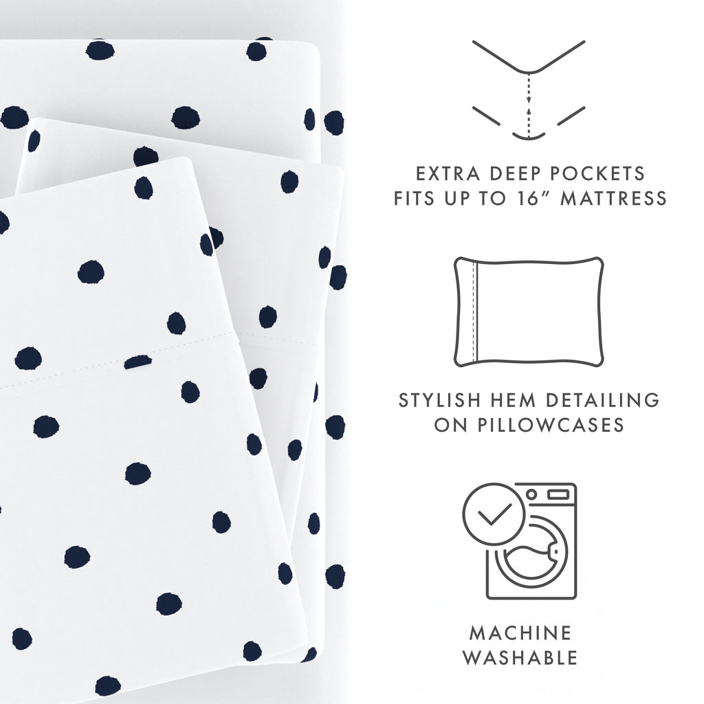 Cooling Sateen 4 Piece Pattern Microfiber Bed Sheets Set, Navy Dots, California King - Luxury Bed Sheet Set with Deep Pockets Detail