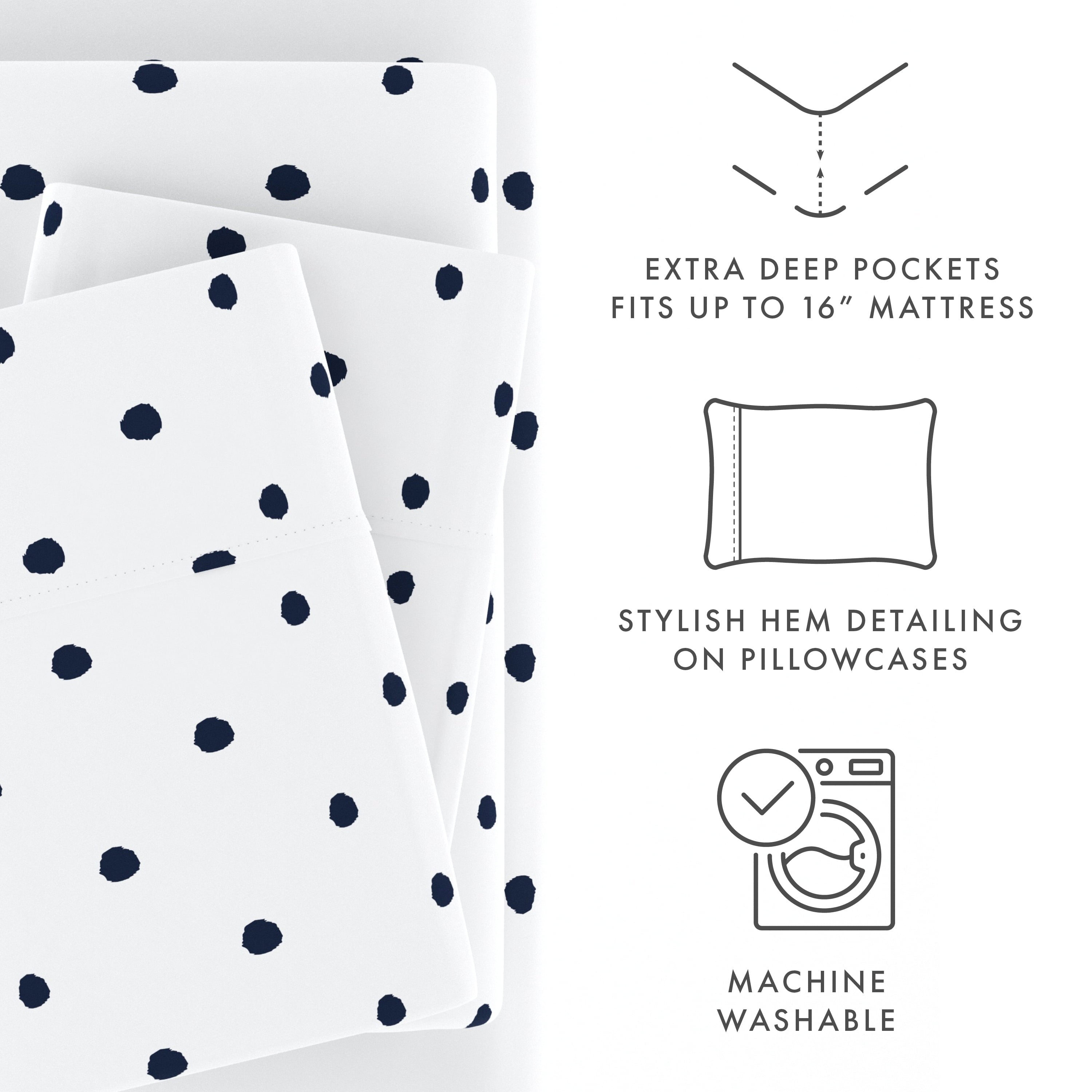 Cooling Sateen 4 Piece Pattern Microfiber Bed Sheets Set, Navy Dots, California King - Luxury Bed Sheet Set with Deep Pockets Detail
