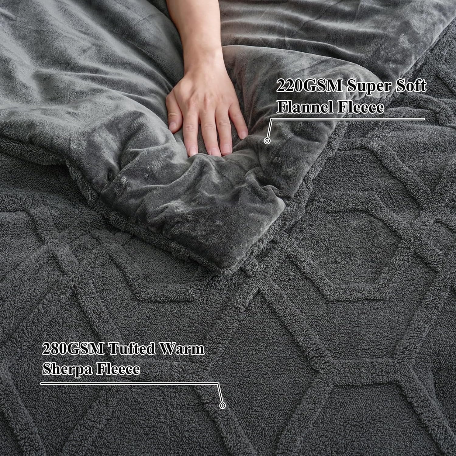 Heavyweight Warmth Warm Sherpa Fleece Queen Comforter Set, 3D Tufted Fluffy Dark Grey Bedding for Winter, Soft 3 Pieces Shaggy Bed Set, ... - Luxurious Quilted Duvet Cover Set Detail