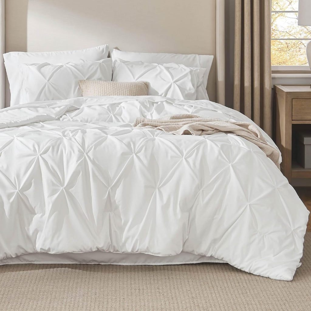 Heavyweight Warmth White Queen Comforter Set- 7 Pieces Pintuck Bedding Set with Comforters, Sheets, Pillowcases & Shams - Cloud-Like Soft Lightweight Bed Comforter Detail