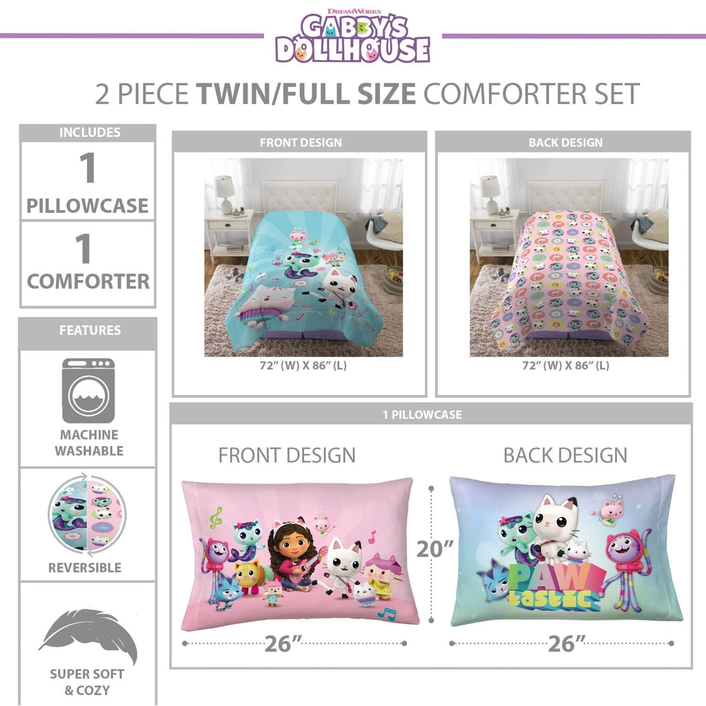 Luxurious Quilted Gabby's Dollhouse Kids Comforter and Pillowcase, 2-Piece Set, Twin/Full, Reversible - Luxurious Quilted Duvet Cover Set Detail