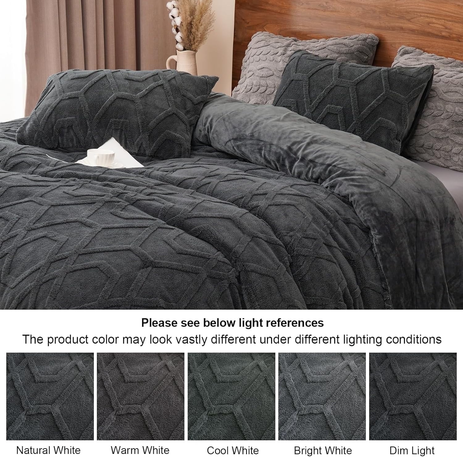 Heavyweight Warmth Warm Sherpa Fleece Queen Comforter Set, 3D Tufted Fluffy Dark Grey Bedding for Winter, Soft 3 Pieces Shaggy Bed Set, ... - Luxurious Quilted Duvet Cover Set Detail