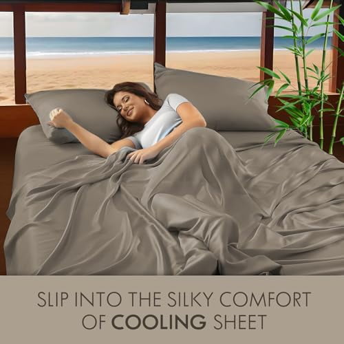 Premium Egyptian Cotton Home 4-Piece Queen Bamboo Bed Sheet Set, 100% Organic Cooling Fabric, 16" Deep Pocket, Taupe - Breathable Egyptian Cotton Flat & Fitted Sheets Detail