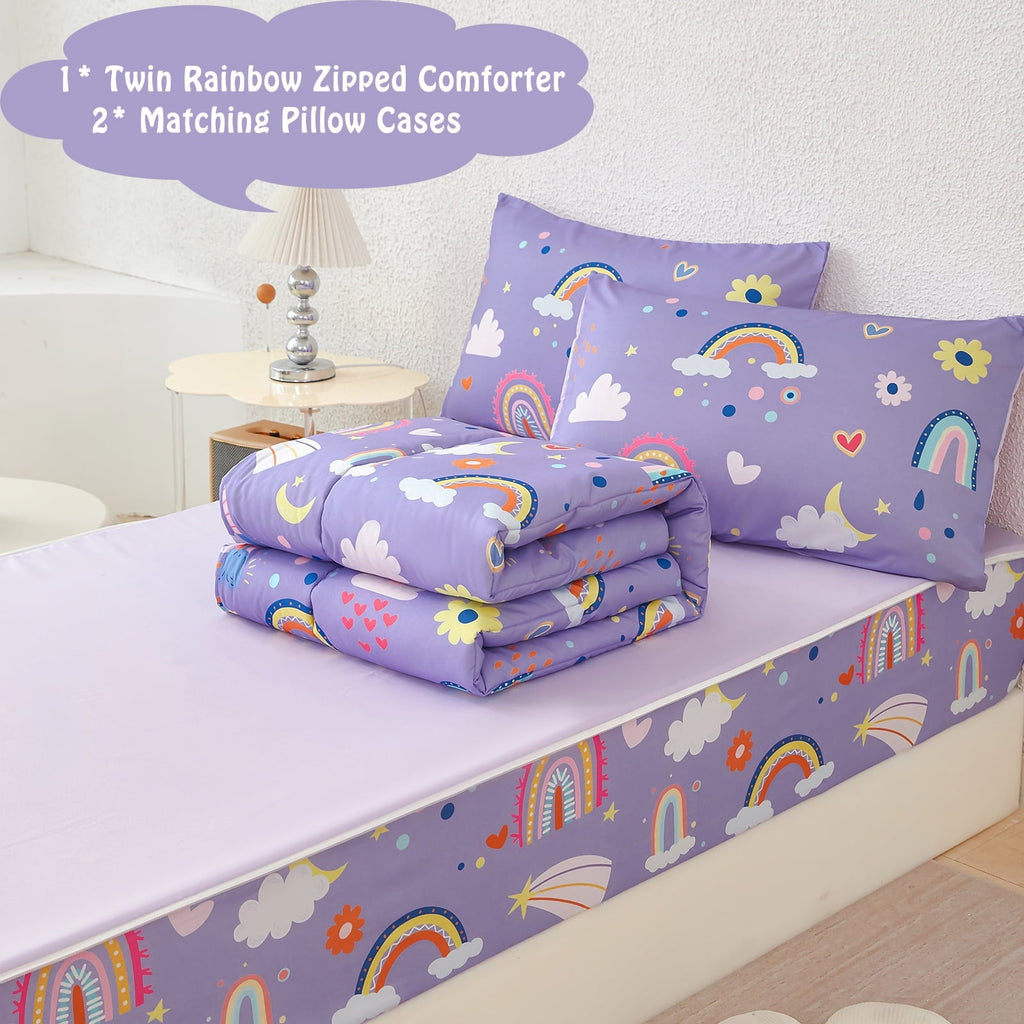 Heavyweight Warmth Zipper Kids Comforter Set, 3-Piece Purple Twin Bed in a Bag, Cartoon Rainbow Stars Flowers Printed Zip Up Comforter S... - Hypoallergenic Ultra-Fluffy Quilt for Winter Detail