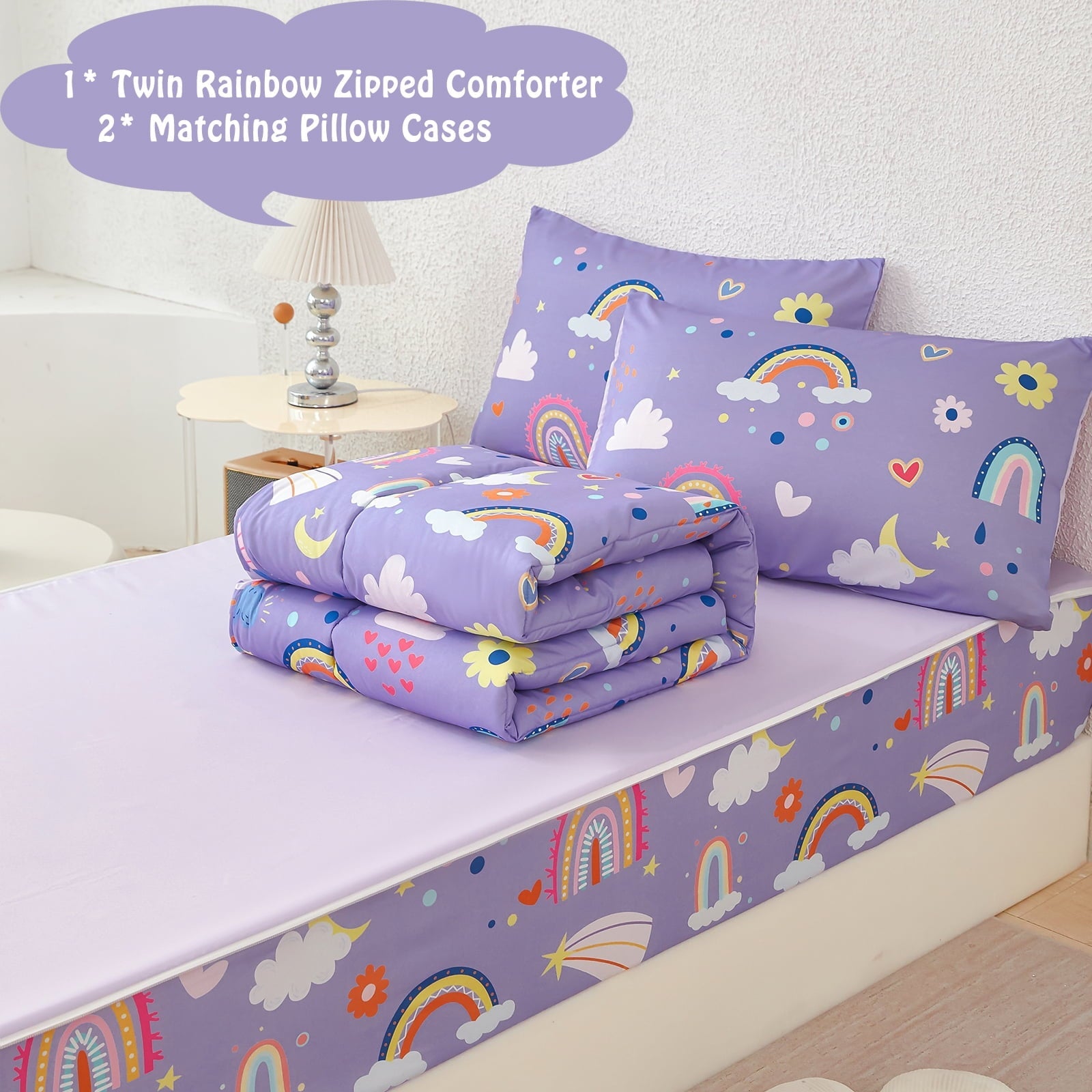 Heavyweight Warmth Zipper Kids Comforter Set, 3-Piece Purple Twin Bed in a Bag, Cartoon Rainbow Stars Flowers Printed Zip Up Comforter S... - Hypoallergenic Ultra-Fluffy Quilt for Winter Detail