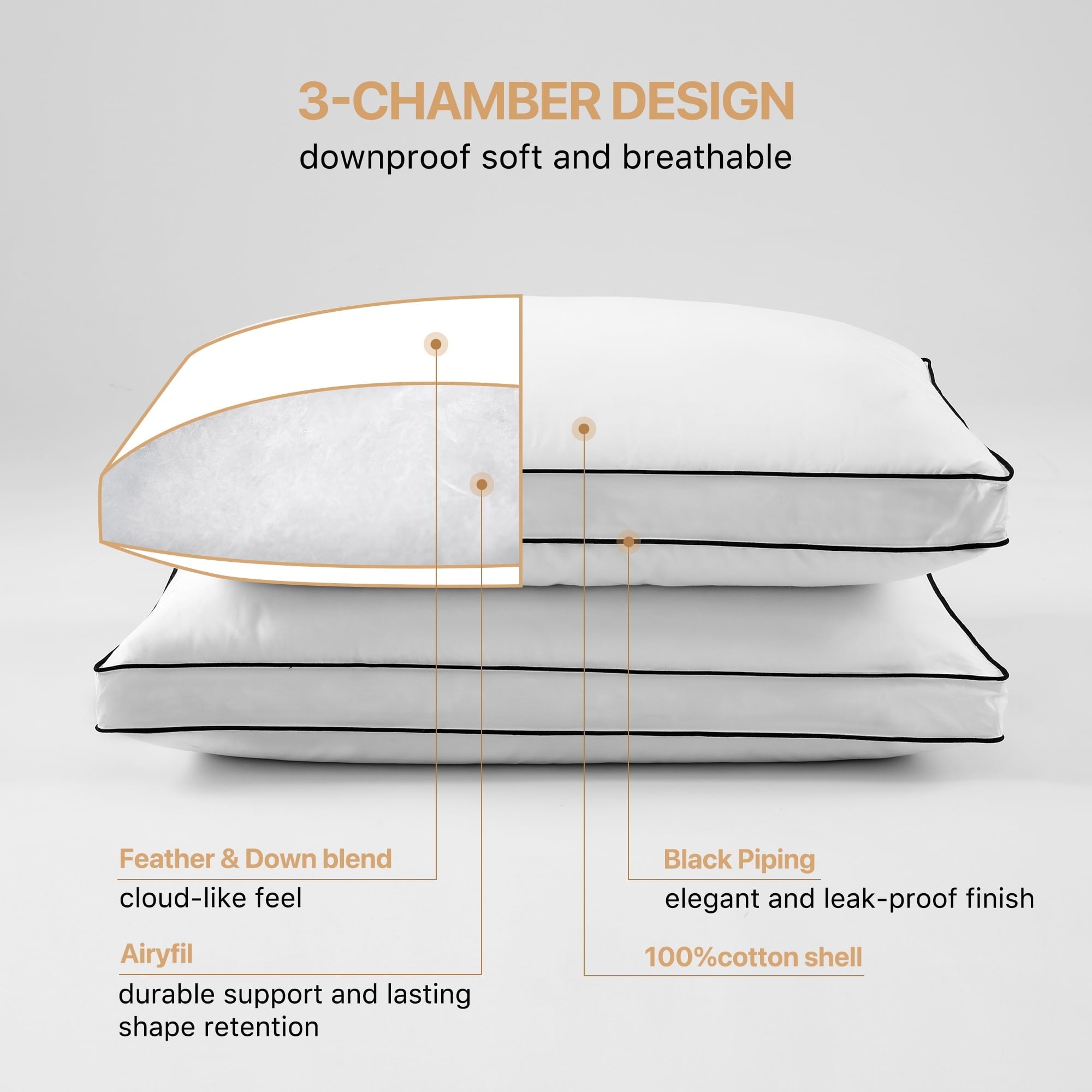 Fluffy Shredded Gusseted Feather Down Pillow Set of 2, Medium Firm Hotel Bed Pillows 2 Pack, Queen Size for Side Sleepers, 20 x 30 in - Decorative Throw Pillow Cushion for Sofa & Bed Detail