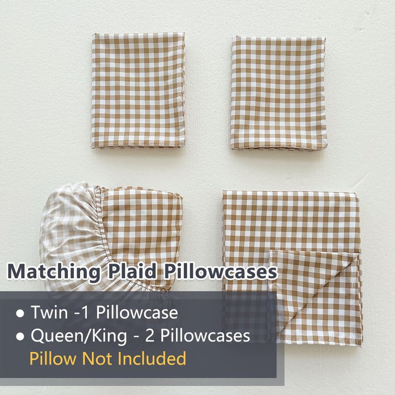 Wrinkle-Resistant Sheet Set, Soft Brushed Microfiber Taupe Plaid Sheets, 4-Piece Brown Grid Set with Deep Pocket - Breathable Egyptian Cotton Flat & Fitted Sheets Detail